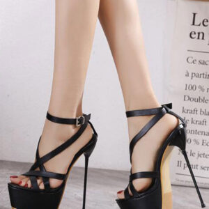 Women Sexy Sandals Black PU Leather Open Toe High Stiletto Heel Sandals