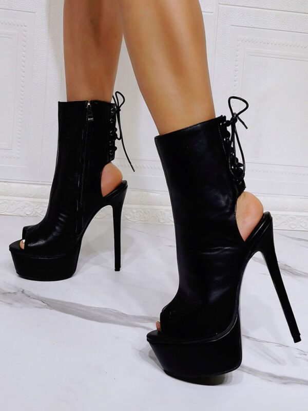 Women Sexy Sandals Black PU Leather Open Toe Stiletto Heel Sexy High Heel Booties