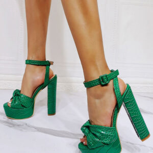 Women Sexy Sandals Green PU Leather Open Toe Chunky Heel Ankle Strap Heels