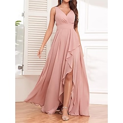 Women's A Line Dress Maxi Dress Chiffon Ruffle Wedding Guest Cocktail Party Elegant Formal V Neck Sleeveless Pink Red Color