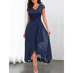 Women's A Line Dress Maxi Dress Lace Asymmetrical Party Elegant Formal V Neck Short Sleeve Dark Blue Color