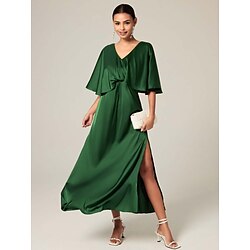 Women's A Line Dress Maxi Dress Ruched Split Thigh Wedding Guest Cocktail Party Elegant Formal V Neck Half Sleeve Ruffle Sleeve Green Color