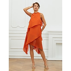 Women's A Line Dress Midi Dress Chiffon Ruffle Asymmetrical Wedding Guest Cocktail Party Elegant Formal High Neck Sleeveless Orange Color