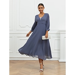 Women's A Line Dress Midi Dress Ruched Ruffle Wedding Guest Cocktail Party Elegant V Neck 3/4 Length Sleeve Flutter Sleeve Blue Color