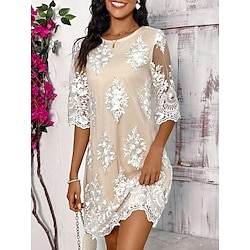 Women's A Line Dress Mini Dress Lace Patchwork Wedding Guest Cocktail Party Elegant Crew Neck Half Sleeve Beige Color