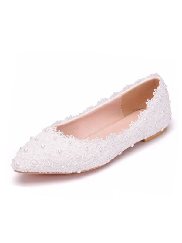 Womens Ballet Flats White Faux Leather Pointed Toe Flowers Plus Size Ballerina Flats