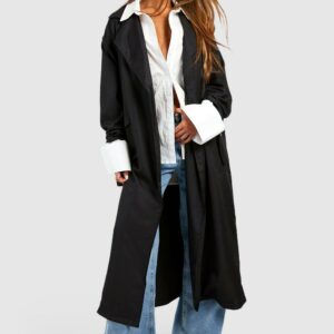 Womens Belted Cuff Detail Trench Coat - Black - 8, Black