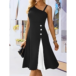 Women's Black Dress A Line Midi Dress Patchwork Party Work Elegant One Shoulder Sleeveless Summer Black White