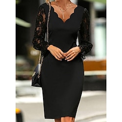 Women's Black Dress Knee Length Dress Lace Scallop Trim Party Office Date Elegant Formal V Neck Long Sleeve Black Color