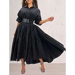 Women's Black Dress Maxi Dress Ruffle Party Work Basic Formal Shirt Collar Long Sleeve Black White Blue Color