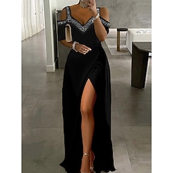 Women's Black Dress Party Dress High Slit Split Thigh Off Shoulder Cold Shoulder Short Sleeve Maxi Dress Elegant Sparkle Formal Black Wine Summer Spring