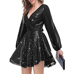 Women's Black Dress Sequin Dress Party Dress Sequins Patchwork V Neck Long Sleeve Mini Dress Wedding Guest Cocktail Party Black White Spring Fall