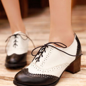 Women's Black Lace Up Brogues Round Toe Block Heel Oxfords