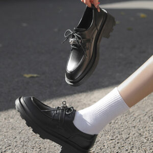 Women's Black Oxfords Round Toe Puppy Heel Lace Up Shoes