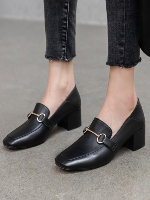 Women's Block Heel Loafers with Buckle