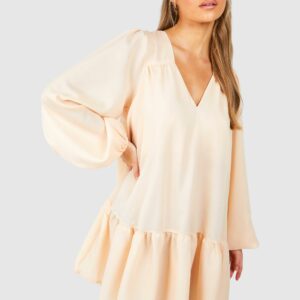 Womens Blouson Sleeve Trapeze Mini Smock Dress - Beige - 8, Beige