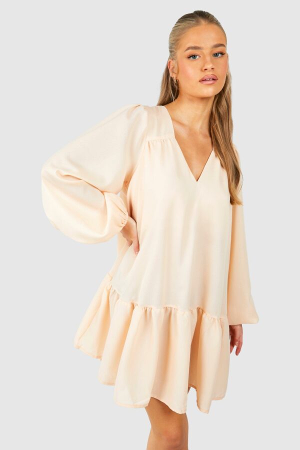 Womens Blouson Sleeve Trapeze Mini Smock Dress - Beige - 8, Beige