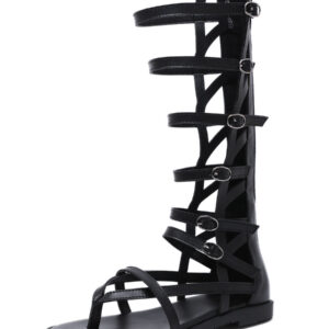 Women's Buckles Mid Caif Gladiator Sandals in Black Vegan Leather