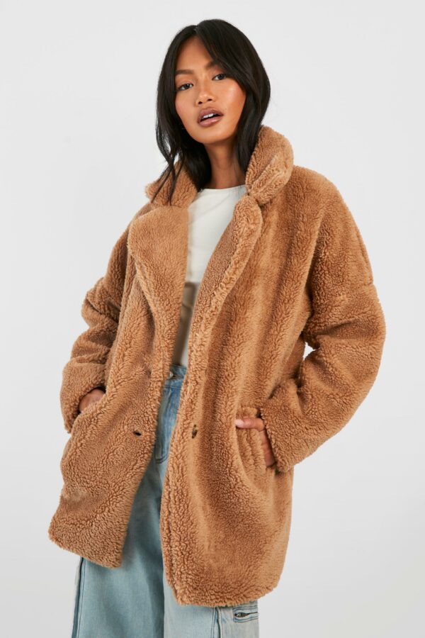 Womens Button Through Teddy Faux Fur Coat - Beige - 10, Beige