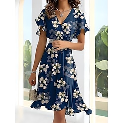 Women's Chiffon Dress Floral Pleated Ruffle Crew Neck Midi Dress Party Sleeveless Summer