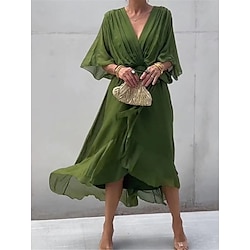 Women's Chiffon Dress Maxi Dress Chiffon Lace up Ruffle Party Wedding Guest Date Elegant Streetwear V Neck 3/4 Length Sleeve White Blue Green Color