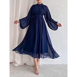 Women's Chiffon Dress Maxi Dress Chiffon Ruched Party Wedding Guest Elegant Formal Stand Collar Long Sleeve Black White Pink Color