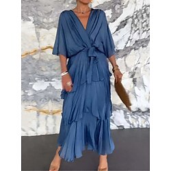 Women's Chiffon Dress Maxi Dress Chiffon Ruffle Layered Party Wedding Guest Elegant Formal V Neck Half Sleeve Pink Navy Blue Blue Color