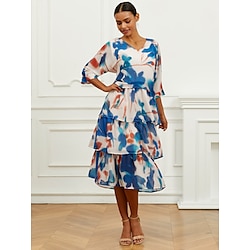 Women's Chiffon Layered Dress Tie Dye Ruffle V Neck Bell Sleeve Midi Dress Elegant Stylish Wedding Guest Cocktail Party 3/4 Length Sleeve Summer Spring