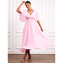 Women's Chiffon Plain Ruffle Flowy V Neck Flutter Sleeve Maxi Dress Elegant Vintage Party Wedding Guest Summer