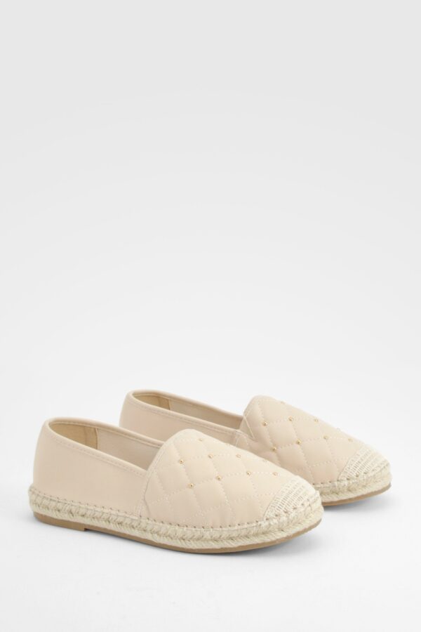 Womens Closed Toe Quilted Stud Detail Espadrilles - Beige - 3, Beige