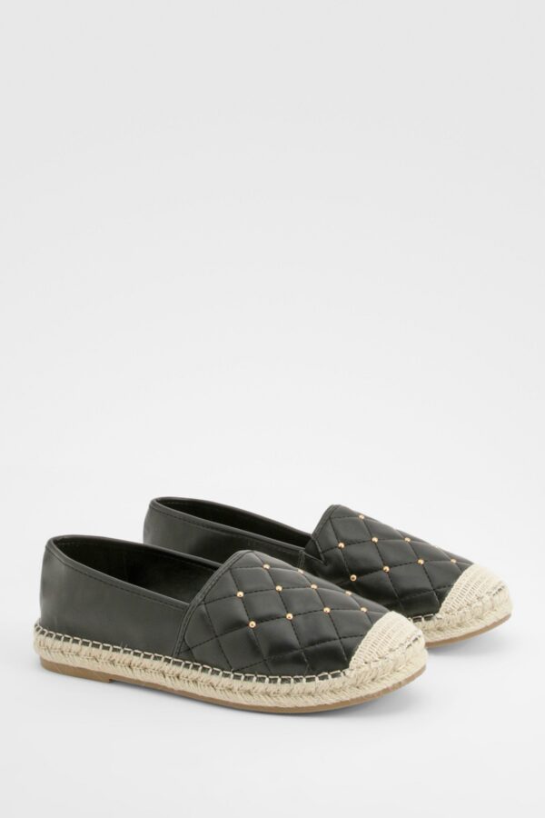 Womens Closed Toe Quilted Stud Detail Espadrilles - Black - 3, Black