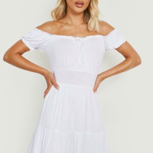 Womens Cotton Jersey Bardot Ruffle Sundress - White - 18, White