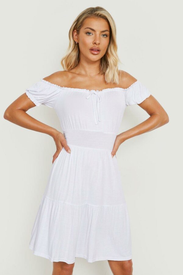 Womens Cotton Jersey Bardot Ruffle Sundress - White - 18, White