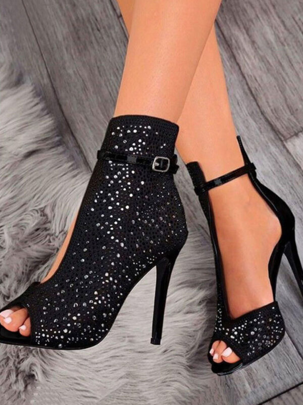 Women's Cut Out Rhinestones Heel Sandals in Black