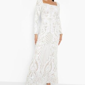 Womens Damask Sequin Fishtail Maxi Party Dress - White - 12, White