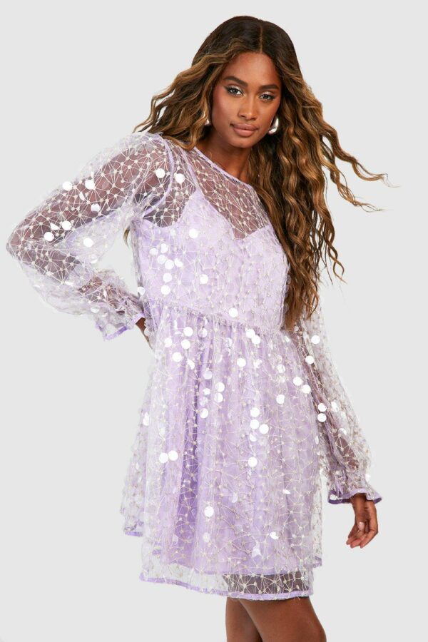 Womens Disk Sequin Blouson Sleeve Smock Party Dress - Purple - 8, Purple