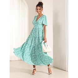 Women's Ditsy Floral Ruched Pleated V Neck Maxi Dress Party Short Sleeve Summer