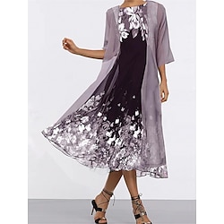 Women's Dress Set Chiffon Dress Party Formal Print Maxi Dress Crew Neck Half Sleeve Floral Loose Fit Summer