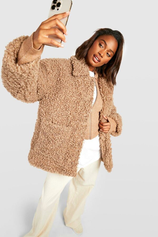 Womens Faux Fur Teddy Button Coat - Beige - 8, Beige