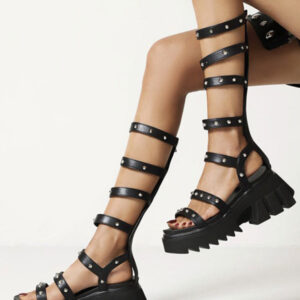 Women's Flatform Sandals Black Rivets PU Leather Gladiator Sandals