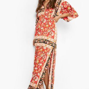 Womens Floral Kimono Plunge Maxi Dress - Red - 8, Red