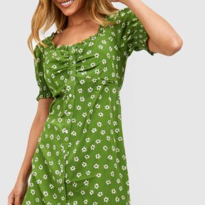 Womens Floral Puff Sleeve Sundress - Green - S, Green