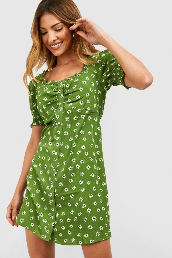 Womens Floral Puff Sleeve Sundress - Green - S, Green