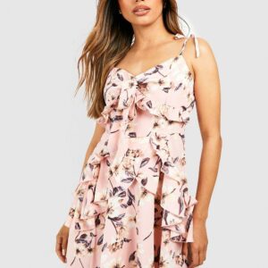 Womens Floral Tiered Ruffle Tie Detail Swing Dress - Pink - 12, Pink