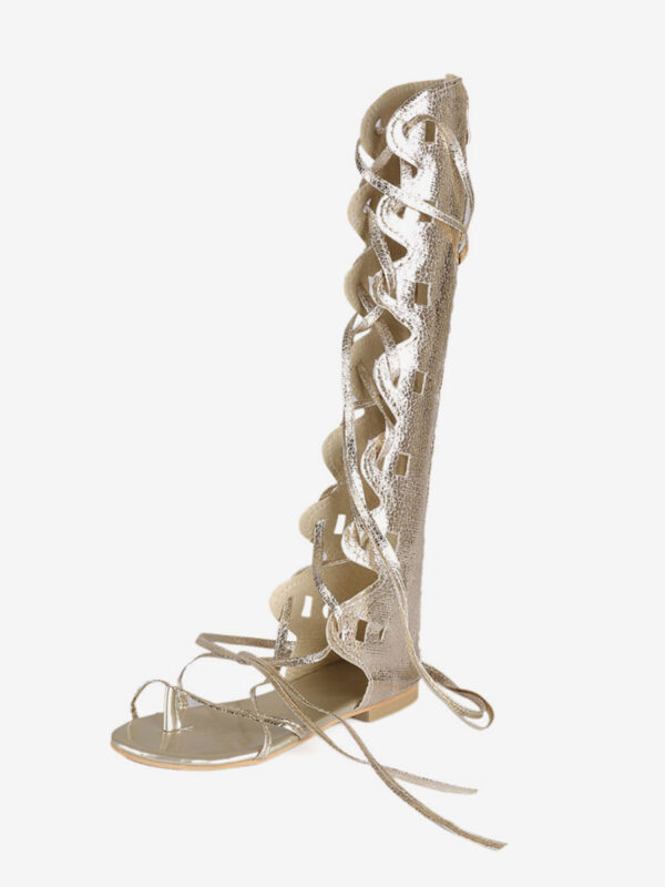 Women's Gold Gladiator Sandals Lace Up Flat Knee High Sandals