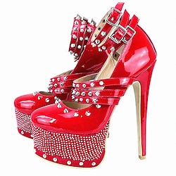 Women's Heels Pumps Ladies Shoes Valentines Gifts Dress Shoes Stilettos Party Valentine's Day Daily Color Block Rhinestone Rivet Buckle Platform High Heel Stiletto Round Toe Gothic Patent Leather