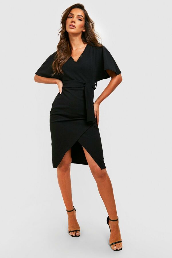 Womens Kimono Tie Belt Midi Dress - Black - 8, Black