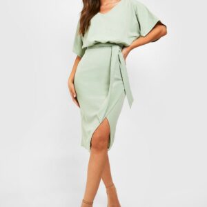 Womens Kimono Tie Belt Midi Dress - Green - 12, Green