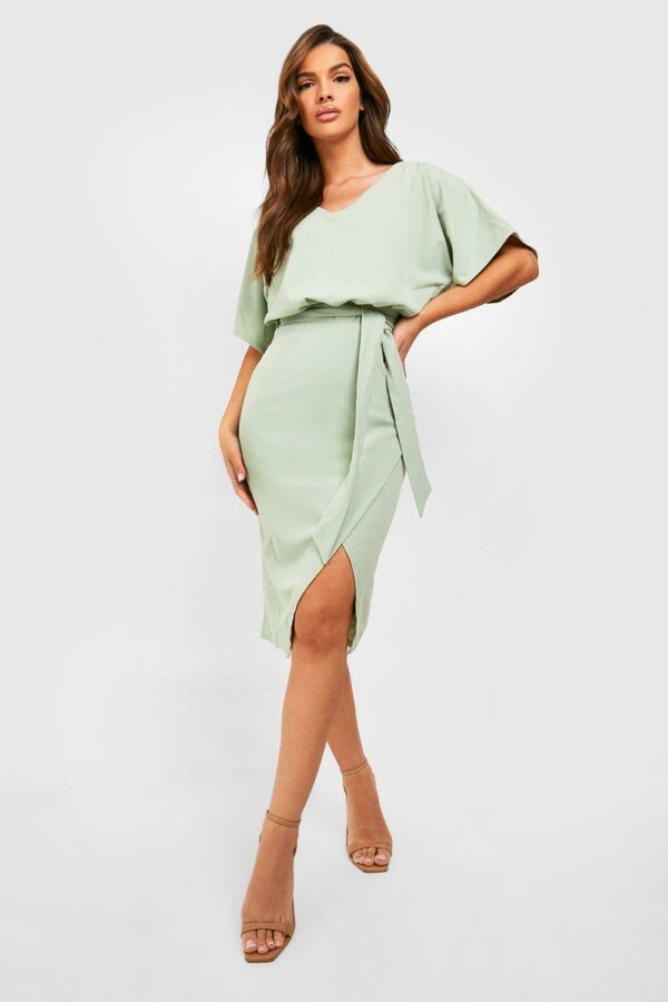 Womens Kimono Tie Belt Midi Dress - Green - 12, Green