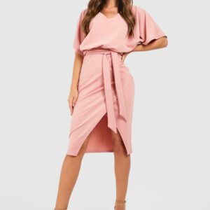 Womens Kimono Tie Belt Midi Dress - Pink - 16, Pink